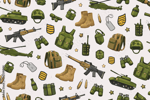Seamless military equipment pattern featuring tanks, helicopters, assault rifles, helmets, tactical boots, backpacks, binoculars, dog tags, and grenades in olive green and tan flat vector style.