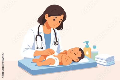 Female Pediatrician Doctor Cleaning and Caring for Newborn Baby Umbilical Cord on Changing Table in Medical Clinic, Professional Infant Healthcare and Neonatal Checkup Flat Vector Illustration