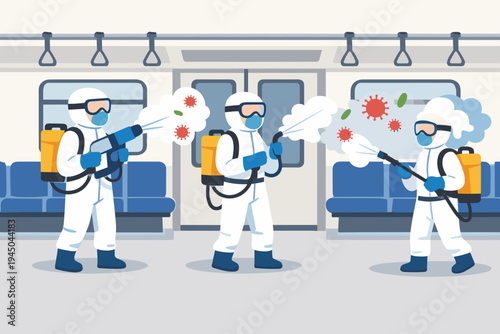 Professional Disinfection Team Wearing PPE Suits Spraying Sanitizer to Eliminate Coronavirus and Germs Inside a Subway Train, Flat Vector Concept for Public Health and Pandemic Prevention.