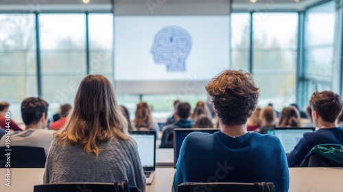 Rear view of students in a contemporary lecture hall, their attention directed towards a screen projecting a detailed, illuminated schematic of a human head.