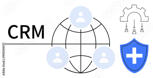 Customer management, network access, data security, operational tools, business process, team collaboration. Globe connecting user icons, gear and shield. Customer management and network access