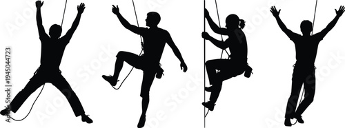Flat, vector, illustration, set, of, mountain, rock, climber, silhouettes, featuring, men, climbing, with, ropes, and, harness, in, various, athletic, poses, isolated, on, white, background