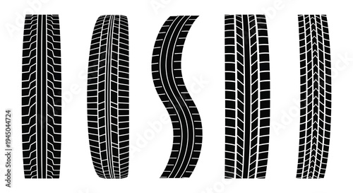 A collection of six distinct tire track impressions displayed against a clean white background silhouette