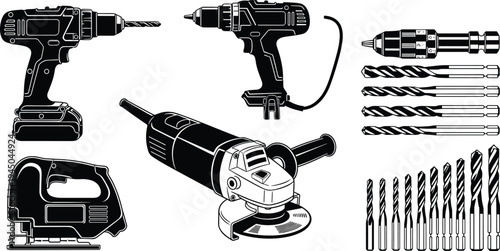 Flat, vector, illustration, set, of, professional, power, tools, including, electric, drills, angle, grinder, jigsaw, and, various, drill, bits, isolated, on, white, background, 