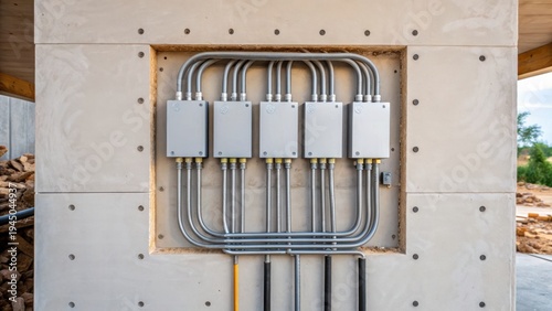 adu small home Electrical conduit pipes connected to multiple junction boxes mounted on a concrete wall in an outdoor setting.