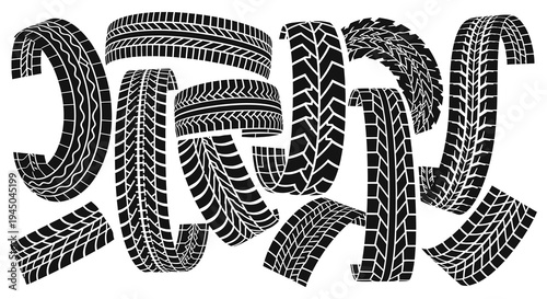 A collection of tire tread patterns arranged in a dynamic illustrative composition silhouette high quality professional