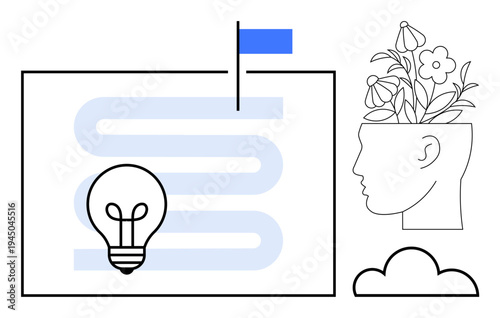 Light bulb with winding path to blue flag, head with blooming flowers, and a cloud. Ideal for creativity, innovation, growth, success, self-improvement inspiration and strategy. Simple flat