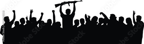 Silhouette crowd raising fists with armed leader holding rifle, protest demonstration, resistance movement, unity, revolution, political activism illustration