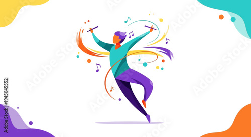 Abstract illustration of a musician conducting with colorful graphic elements