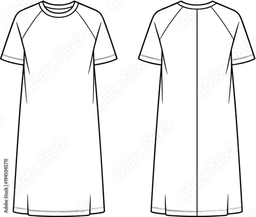 Women's Raglan Short Sleeve T-Shirt Dress Technical Flat Sketch, Casual Knit Midi Dress CAD Vector Illustration, Fashion Design Template SEO