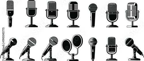 Flat, vector, illustration, set, of, various, professional, microphone, icons, including, vintage, condenser, dynamic, and, studio, mic, styles, isolated, on, white, 