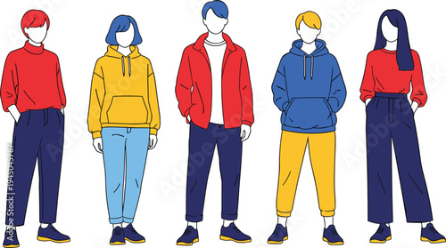 Diverse young people casual fashion vector, modern youth clothing style illustration, trendy men women outfit characters isolated flat design