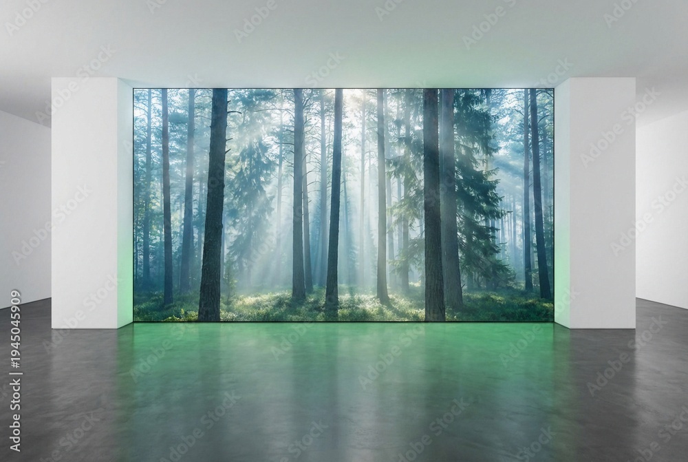 Fototapeta premium Modern Minimalist Interior with Large Digital Screen Displaying Sunlit Forest