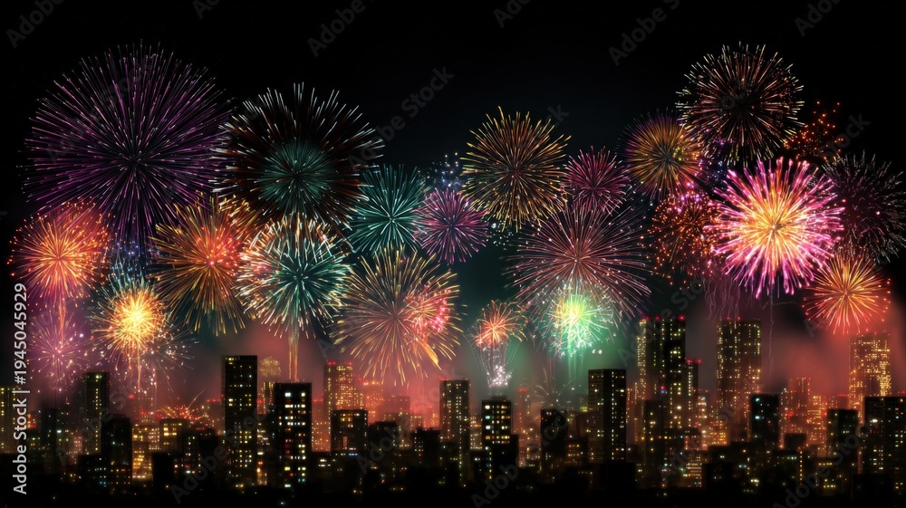 Obraz premium Spectacular Fireworks Display Over Urban Cityscape at Night, Celebrating Festive Occasion with Vibrant Colors
