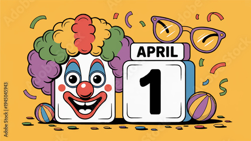 Colorful clown face beside april 1 calendar with glasses and balls on orange background symbolizing april fools' day