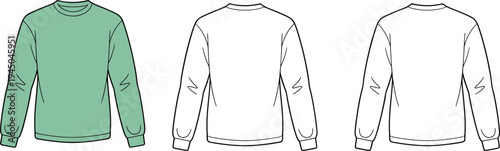 Green long sleeve crewneck sweatshirt front and back view, fashion garment flat sketch, clothing design template, vector illustration, apparel