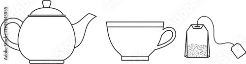 Simple outline vector illustration of a teapot teacup and tea bag perfect for beverage-related graphic design projects