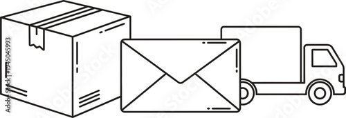 Minimalist line art icons depicting delivery shipping and mail services featuring a box envelope and truck perfect for e-commerce and logistics applications
