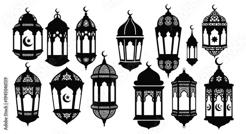 An elegant collection of ornate islamic lanterns depicted in a striking black silhouette high quality professional