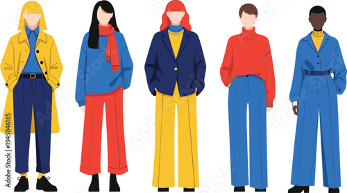 Flat vector illustration of diverse women standing in stylish autumn winter outfits with colorful coats and sweaters on white background.