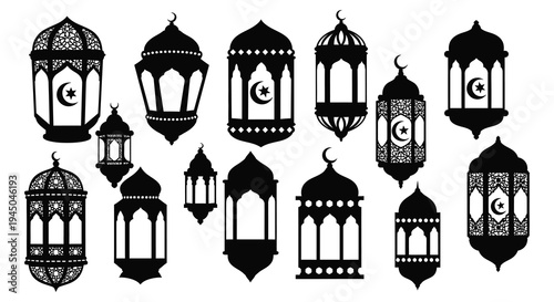 An artistic collection of ornate black lanterns and crescent moons presented as a silhouette high quality