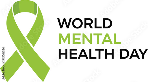 World Mental Health Day awareness ribbon illustration, green symbol artwork design, psychological well-being concept, mindfulness care theme, global advocacy graphic style