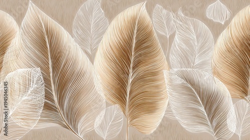 Detailed Textured Autumn Leaves Pattern With Gold And White Accents On Beige