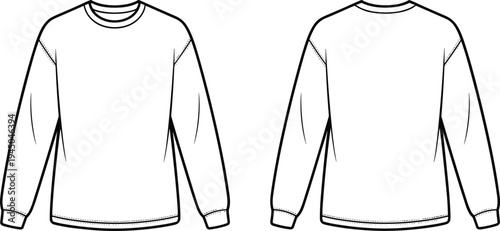 Unisex Long Sleeve Crewneck Sweatshirt Technical Flat Sketch, Oversized Tee CAD Vector Illustration, Fashion Design Template for Streetwear Tech Pack