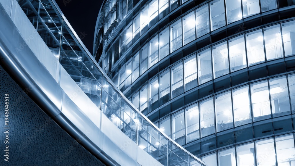 Obraz premium Modern urban architecture showcasing a curved glass facade and illuminated office spaces at night