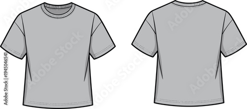 Plain gray short sleeve crew neck t shirt front and back view, fashion garment flat sketch, vector illustration, clothing design template