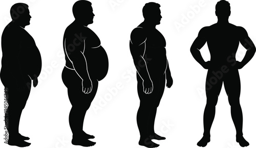 Male body transformation silhouette set from overweight to muscular fitness progress illustration human anatomy weight loss bodybuilding training concept vector