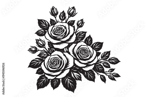 Simple black and white vector illustration of three rose flowers with elegant leaves, drawn with clean lines to create a minimalist botanical design.