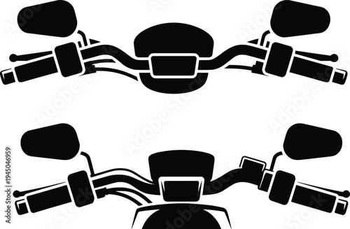 Motorcycle handlebar front view silhouette with mirrors grips brake clutch levers dashboard control motorbike riding symbol vector illustration isolated