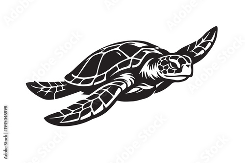 Simple black and white vector illustration of a turtle swimming gracefully, drawn with clean lines on a white isolated background in a minimalist style.
