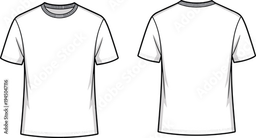 Plain short sleeve round neck t shirt front and back view, fashion garment flat sketch, vector illustration, clothing design template, apparel