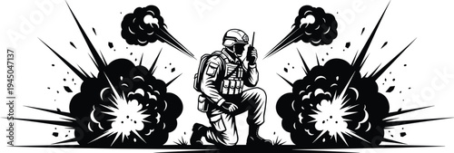 Silhouette soldier kneeling communication device illustration, battlefield explosion artwork design, military action concept, war zone theme, tactical combat graphic style
