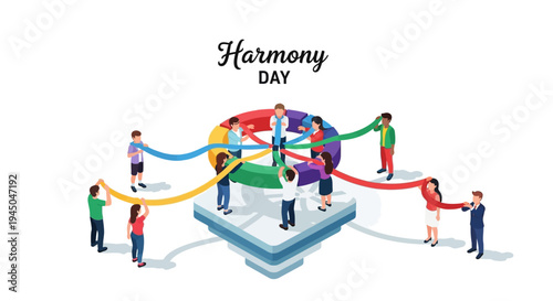 Illustration of diverse people holding hands around a colorful globe on a square base, celebrating cultural harmony day with a peaceful coexistence concept.