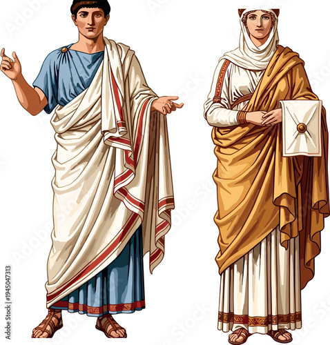 Ancient Roman man and woman in traditional toga clothing isolated on white background, historical costume illustration for culture education, classical civilization and antique fashion themes