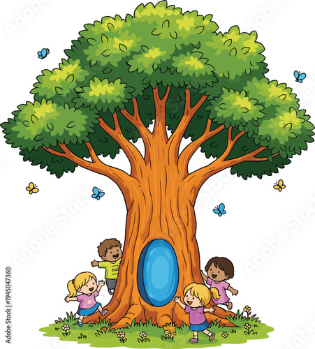 Happy diverse children playing around a large magic tree with blue hollow and colorful butterflies vector illustration isolated on white for kids education design