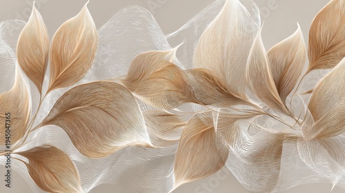 Elegant Abstract Golden Leaf Swirls With White Delicate Netting Over Beige
