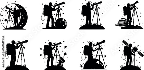 Astronomer silhouette collection using telescope for stargazing vector illustration, space observation scientist icons isolated on light background for astronomy research and education design