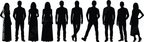 People silhouette collection vector, diverse men and women standing figures, human crowd characters isolated, modern people illustration set