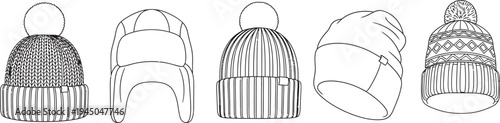 Vector outline set of diverse winter hats including beanies with pom-poms and a trapper hat perfect for fashion design templates and cold weather apparel concepts