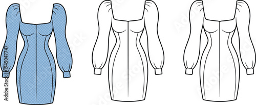 Square Neck Puff Sleeve Mini Dress Tech Pack with Bodycon Silhouette and Blue Pattern Detail Professional Apparel CAD Drawing Flat Vector Illustration
