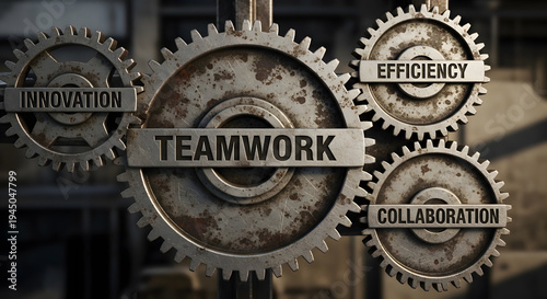 Close up of four metallic rusty industrial gears interlocked with labels for teamwork innovation efficiency and collaboration
