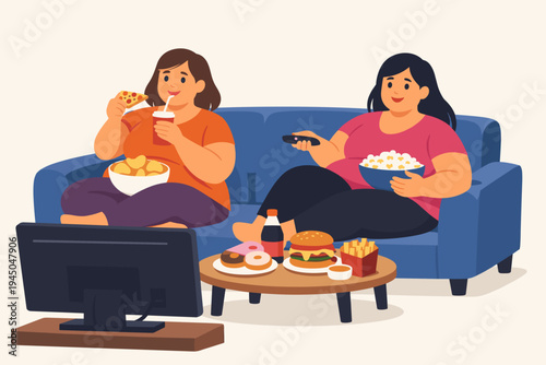 Two Overweight Women Sitting on a Blue Sofa Watching Television and Eating Junk Food Like Pizza, Burgers, Fries, and Popcorn, Illustrating a Sedentary Lifestyle and Unhealthy Eating Habits