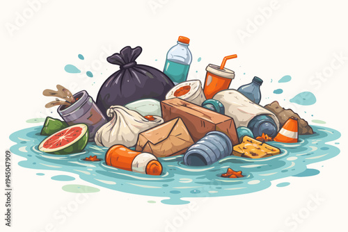 Environmental Pollution Vector Illustration of Floating Garbage and Plastic Waste in Water After a City Flood, Featuring Trash Bags, Bottles, and Debris for Ecological Awareness and Cleanup