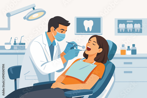 Dentist Providing Oral Care to a Woman in a Dental Clinic. Simple Flat Vector Illustration of a Professional Male Dentist Examining a Female Patient's Teeth with Medical Tools and Equipment.