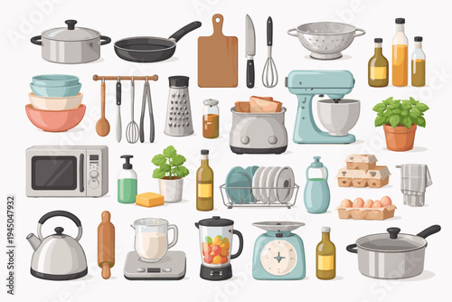 Large Collection of Kitchen Appliances and Household Equipment Flat Vector Illustration Set with Microwave, Blender, Mixer, Toaster, Kettle, Pots, Pans, Utensils, and Culinary Tools on Neutral.