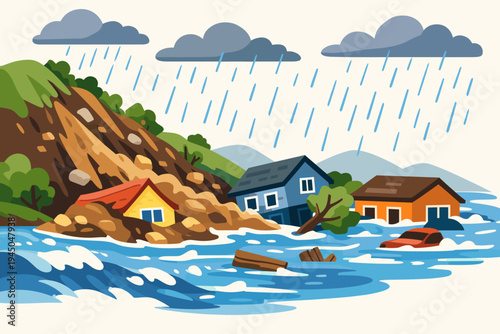 Heavy Rain Causing Flash Floods and Landslides Destroying Residential Houses in a Natural Disaster Scene, Vector Illustration of Extreme Weather, Mudslide and Flooding Impact on Local Community